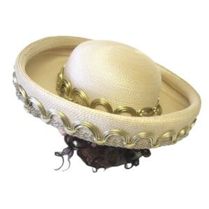 Vintage Cream Tan Dress Hat Wide Brimmed Millinery Womens Boater